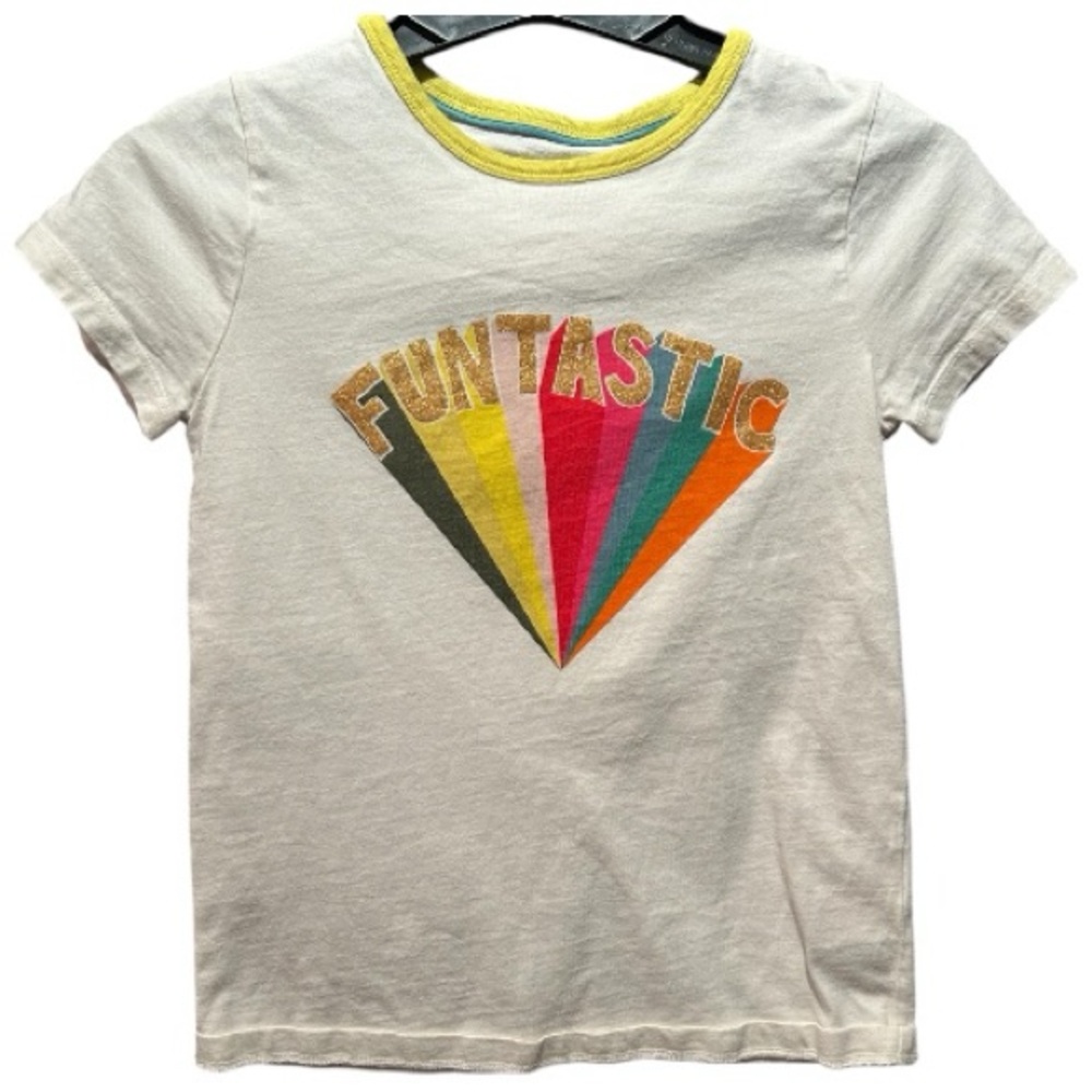 Mini Boden size 7-8 glitter “Funtastic” rainbow top with yellow trim